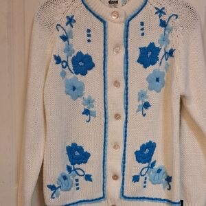 Diana Elegant White Cardigan with Blue Floral Accents